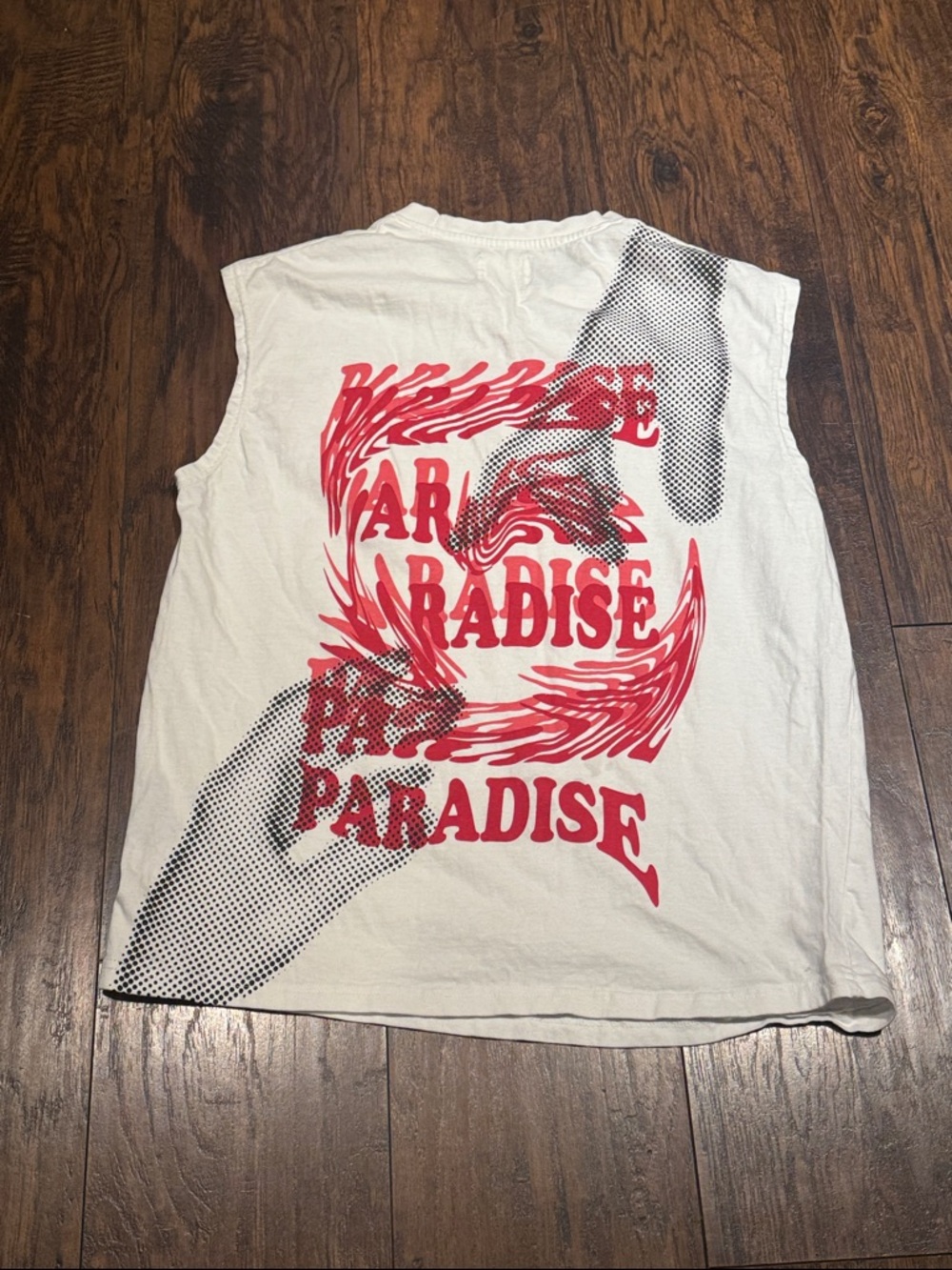 Essentials White Sleeveless Tee with Red 'Paradise' Logo